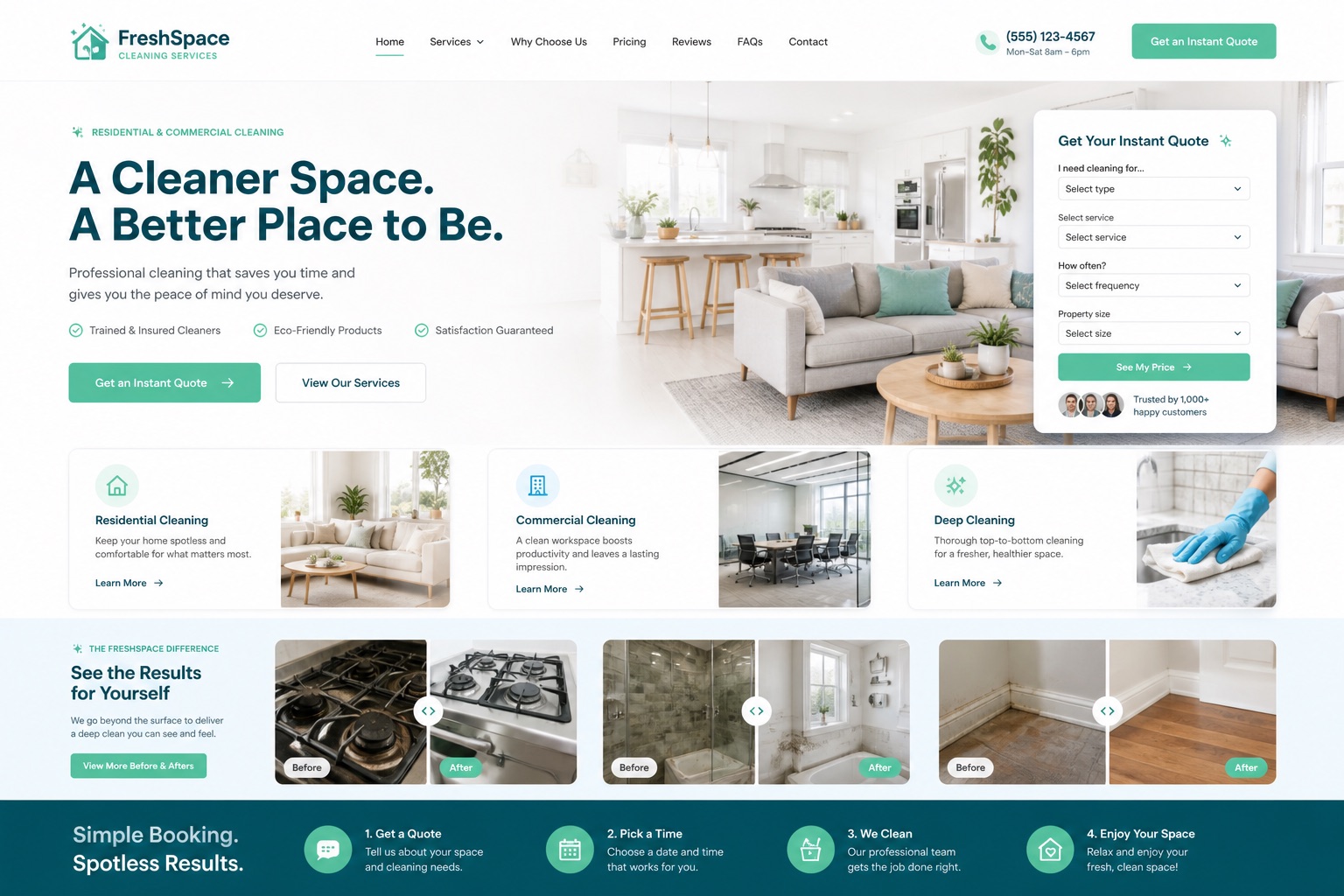 Modern cleaning service website template with instant quote form