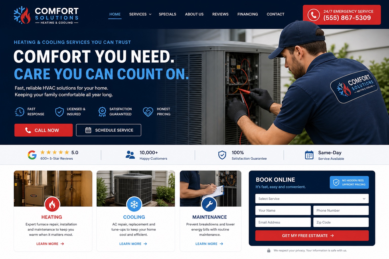 Modern HVAC service website template with booking and emergency calls