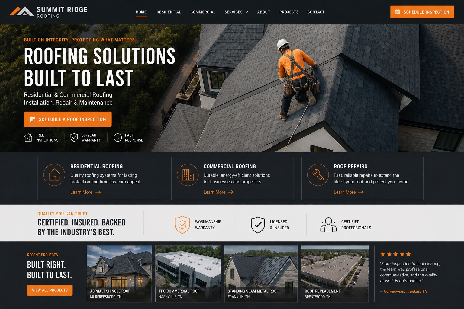 Modern roofing contractor website template with inspection booking